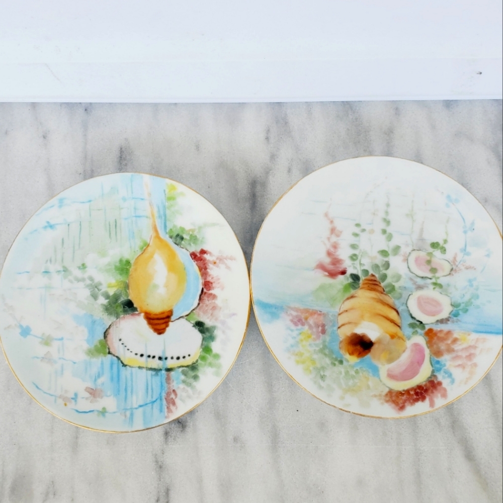 Vintage Hand Painted Porcelain Floral Plate Made in Germany Gold Trim Sea Shell